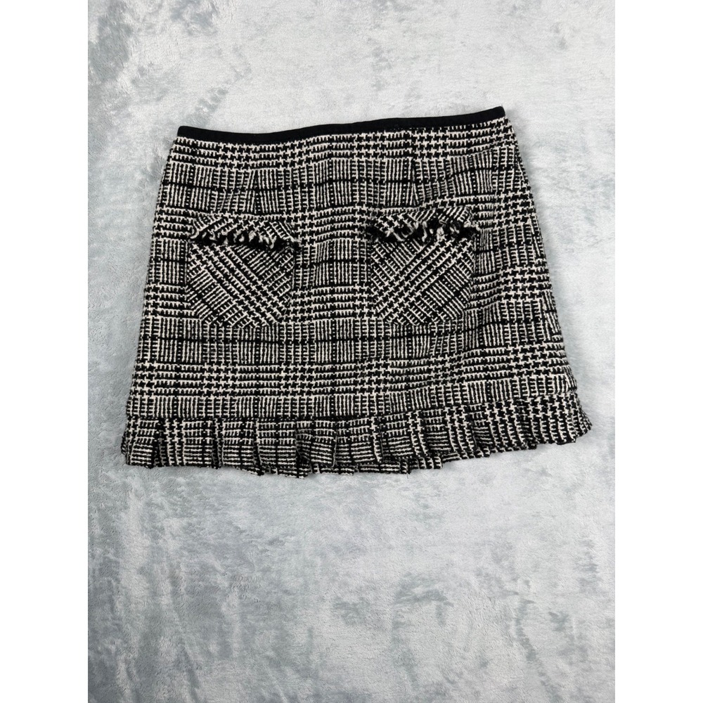 Nanette Lepore Black White Tweed Plaid Ruffle Mini Skirt Size 8 Made in USA